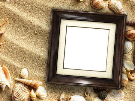 Pictue frame on shells and sand background. Copy space.