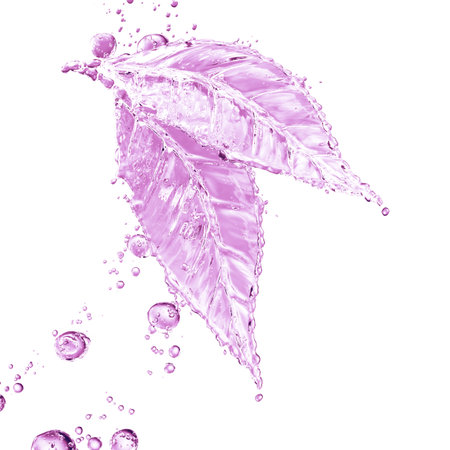 Leaf made of water splash. Pink color. Isolated on white background. 3d rendering