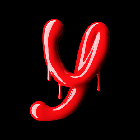 Glossy red letter Y uppercase. 3D rendering font with glint on black background.の写真素材