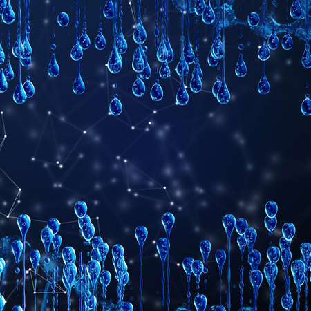 3D detailed illustration of a drop of water. Blue backgroundの写真素材