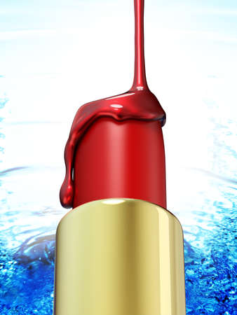 Red lipstick and nail polish on blue water background. 3d renderingの写真素材