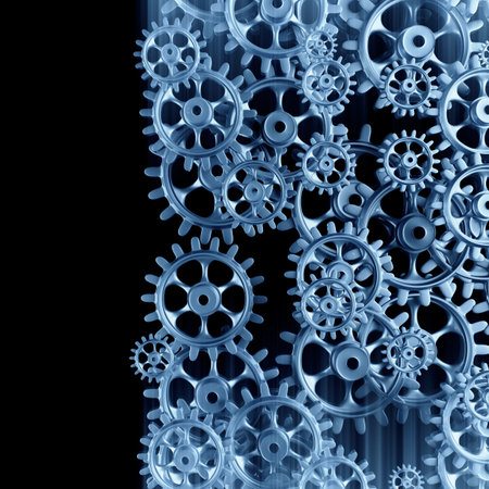 White gears and cogs macro on black background. 3D rendering