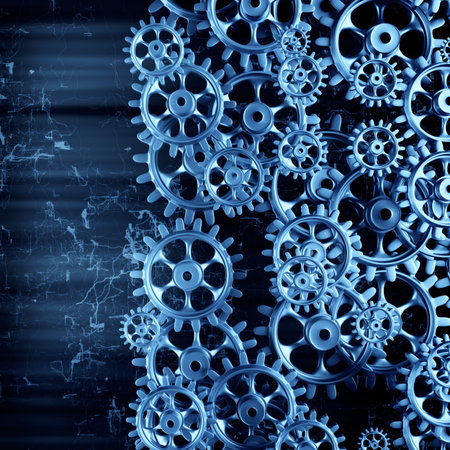 White gears and cogs macro on black background. 3D rendering