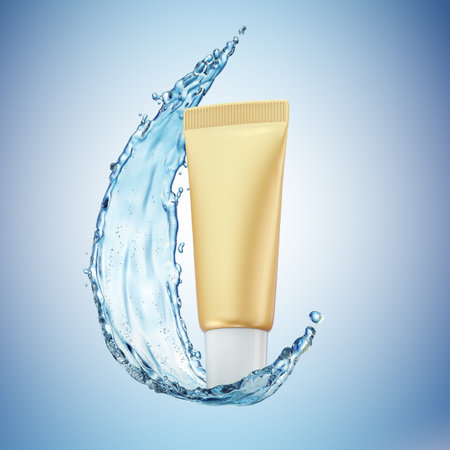 Design cosmetics product advertising in water splash on blue background. 3D illustrationの写真素材