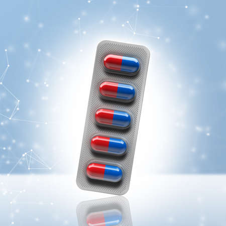 Red and blue pills in a blister on bokeh background. 3d renderingの写真素材