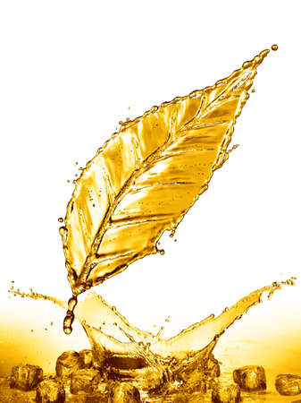 Leaf made of water splash gold color. 3d renderingの写真素材