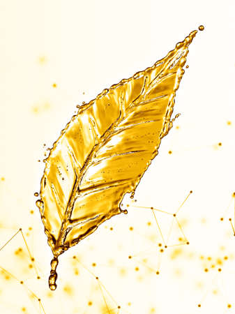 Leaf made of water splash gold color. 3d renderingの写真素材