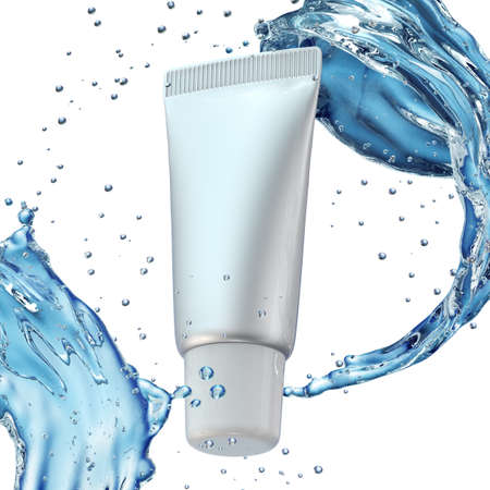 Design cosmetics product advertising in water splash on blue background. 3D illustrationの写真素材