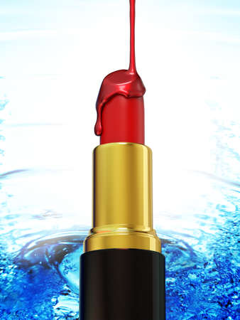 Red lipstick and nail polish on blue water background. 3d renderingの写真素材