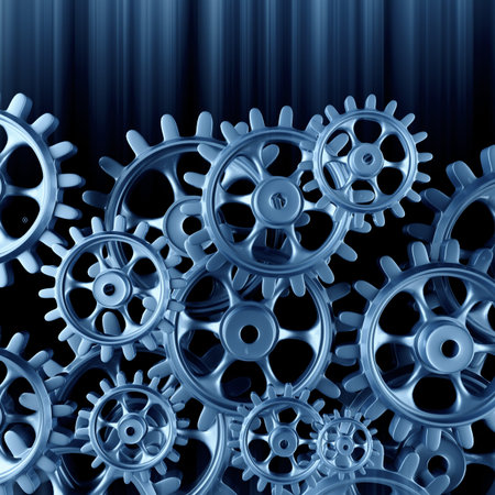 White gears and cogs macro on black background. 3D rendering