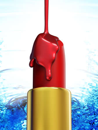 Red lipstick and nail polish on blue water background. 3d renderingの写真素材