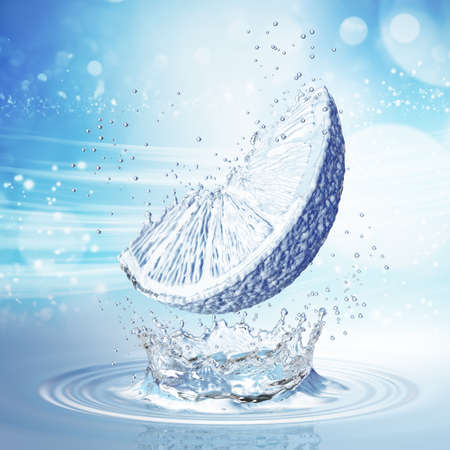 lemon made out of water splashes. Blue background. 3d renderingの写真素材