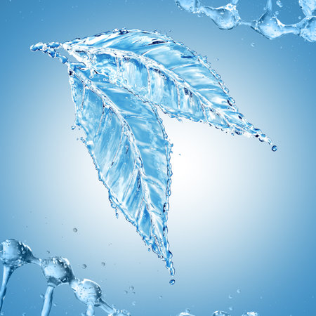 Leaf made of water splash on blue background. 3d renderingの写真素材