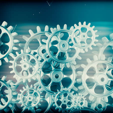 White gears and cogs macro on black background. 3D renderingの写真素材
