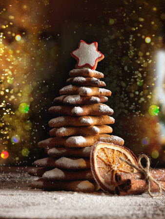 Homemade Gingerbread cookies Christmas Trees, decorated with icing and sugar decorations.の写真素材