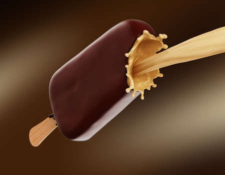 Chocolate icecream with wooden stick and milk splash. 3d renderingの写真素材