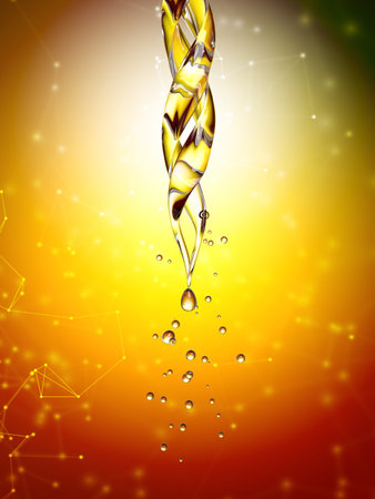 Transparent glass pipette with a Golden liquid dripping. 3d renderingの写真素材