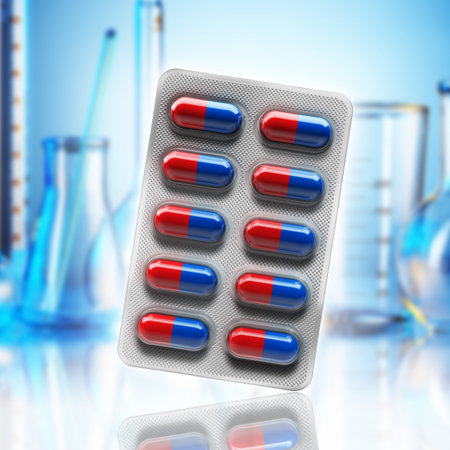 Red and blue pills in blister on lab background. 3d rendering