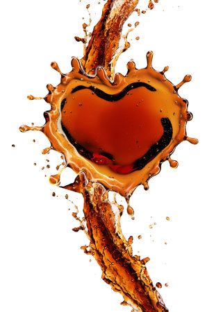 Heart from cola splash with bubbles isolated on white backgroundの写真素材