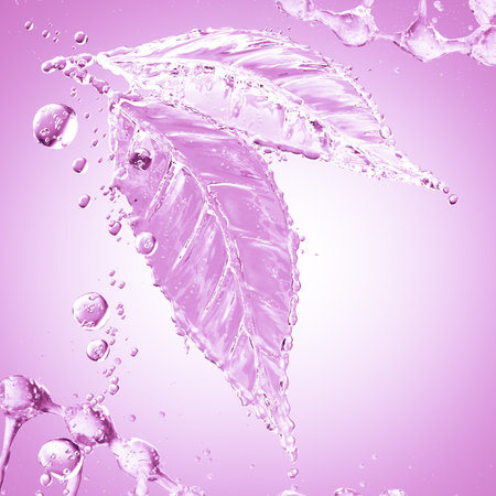 Leaf made of water splash. Pink color. 3d renderingの写真素材