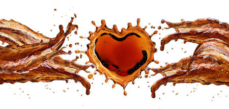 Heart from cola splash with bubbles isolated on white background. 3d renderingの写真素材