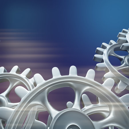 White gears and cogs macro on black background. 3D