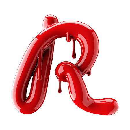 3D render of red alphabet make from nail polish. Handwritten cursive letter R. Isolated on white backgroundの写真素材