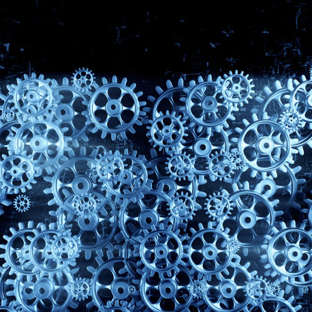 White gears and cogs macro on black background. 3D