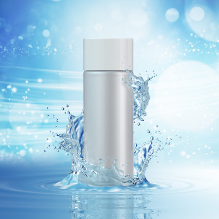 White cosmetic products with water splash on cyan background. 3d rendering