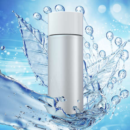 White cosmetic products with water splash on cyan background. 3d renderingの写真素材