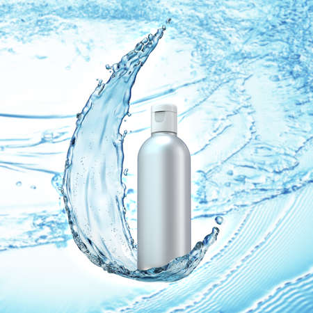 White cosmetic products with water splash on cyan background. 3d renderingの写真素材