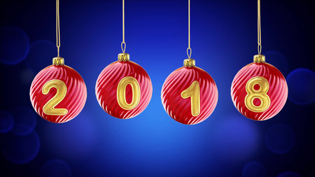 hanging 2018 number glitter Christmas balls on snow blue background. 3d rendering