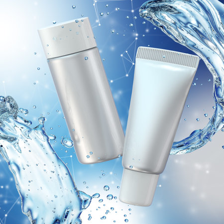Cream bottle mock up in water splash on blue background. 3D illustration