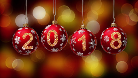 hanging 2018 number glitter Christmas balls on gold bokeh background. 3d rendering