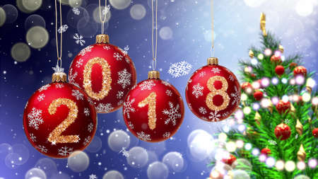red balls with numbers 2018 hanging on the background of a blue bokeh and a rotating Christmas tree 3d rendering.の写真素材