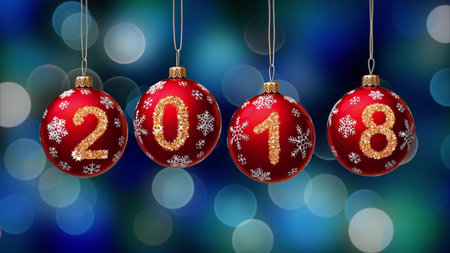 hanging 2018 number glitter Christmas balls on blue bokeh background. 3d rendering