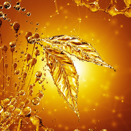 3D detailed illustration of a drop of water gold color. Yellow background