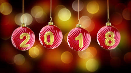 hanging 2018 number glitter Christmas balls on gold bokeh background. 3d renderingの写真素材