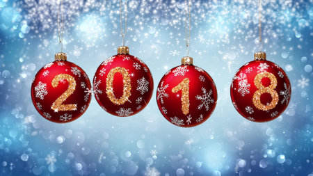 hanging 2018 number glitter Christmas balls on blue bokeh background. 3d rendering