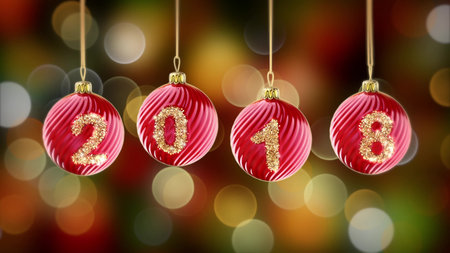 hanging 2018 number glitter Christmas balls on gold bokeh background. 3d rendering