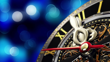 New Years at midnight - Old clock with stars snowflakes and holiday lights. 3d rendering