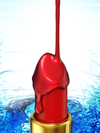 Red lipstick and nail polish on blue water background. 3d renderingの写真素材