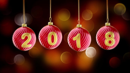 hanging 2018 number glitter Christmas balls on gold bokeh background. 3d rendering