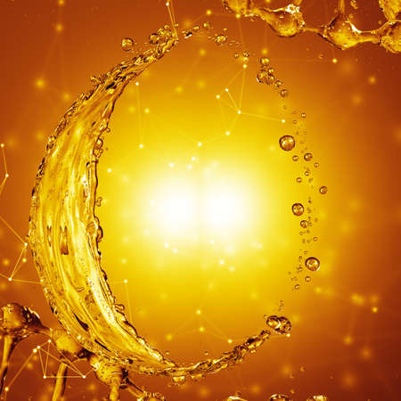 3D detailed illustration of a drop of water gold color. Yellow backgroundの写真素材