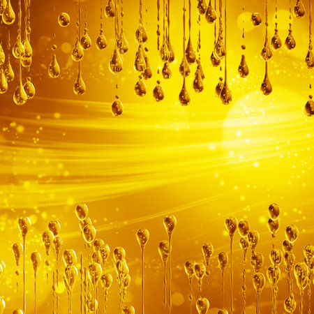3D detailed illustration of a drop of water gold color. Yellow backgroundの写真素材