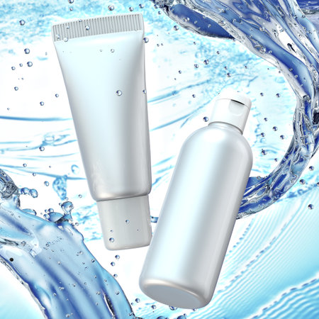 Cream bottle mock up in water splash on blue bokeh background. 3D illustrationの写真素材