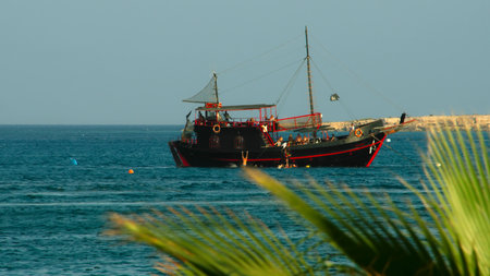 Old Sailing Ship. View through the tops of the palm trees