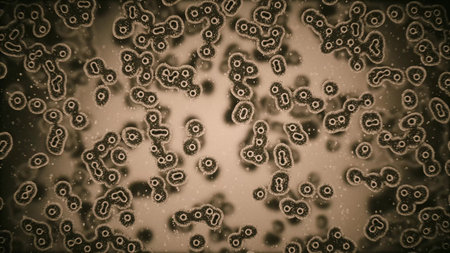 viruses attacking cells or bacterias under microscope 3d rendering