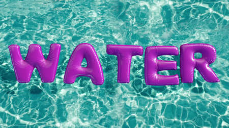 word WATER shaped inflatable swim ring floating in a refreshing blue swimming pool, 3d renderingの写真素材