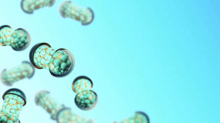 Colorful abstract chaotic structure balls inside the capsule, pharmacy and medical concept on blue background 3dの写真素材
